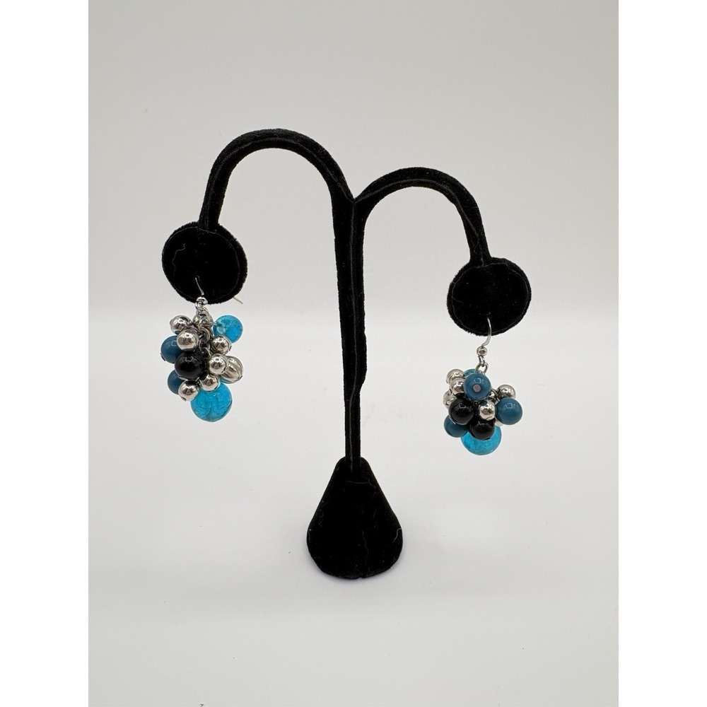 Boho Cluster Dangle Earrings Blue,‎ Navy, Silver Beaded Drop Fashion Jewelry